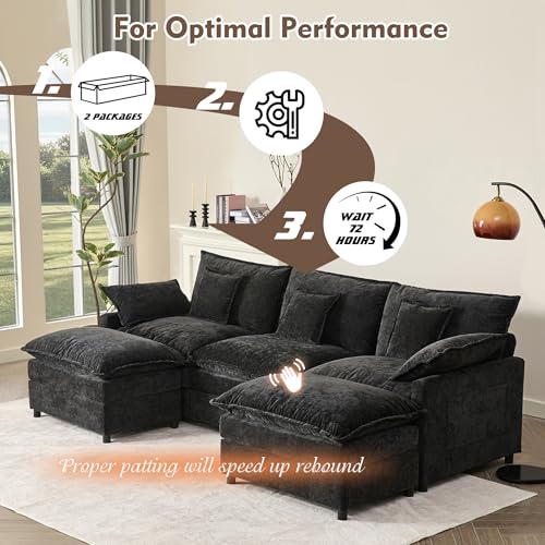 U Shaped Modular Sectional Sofa with Ottoman, Chenille, Black P2121