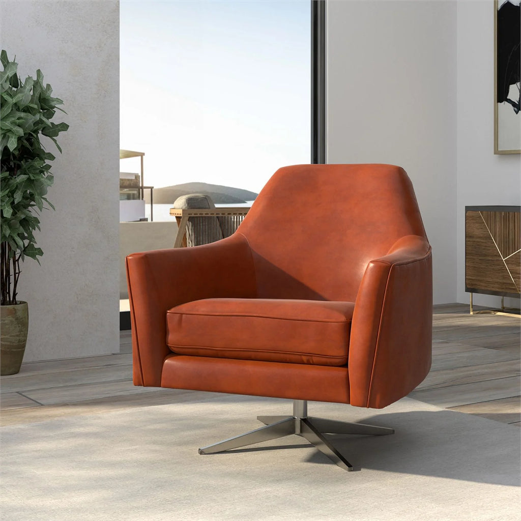 Bowery Hill Mid-Century Faux Leather Swivel Armchair, Caramel Brown R86095