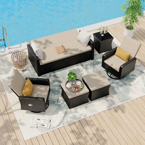 6 Piece Wicker Patio Furniture Set with Swivel Recline Chairs and Storage Ottoman X6280
