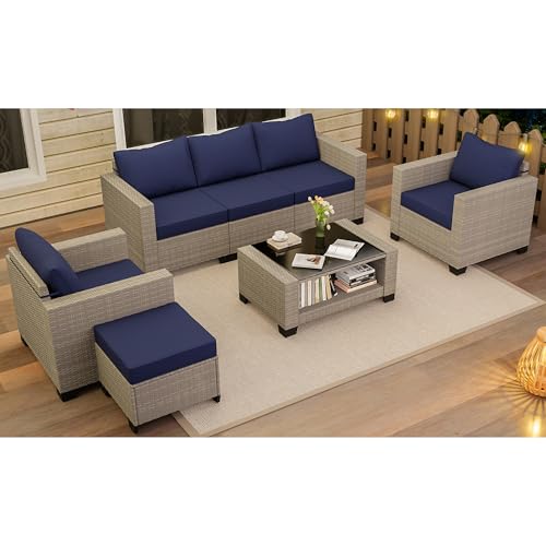 KIGOTY Patio Furniture Set 7 Pieces Outdoor Sectional Sofa with Cushions and Glass Coffee Table B60021