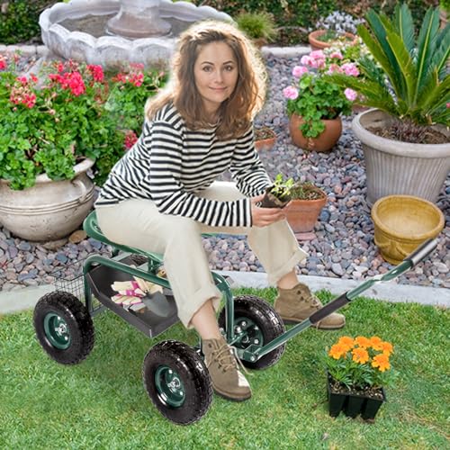 KINTNESS Garden Cart with Rolling Work Seat and Storage Basket, Blue G5904