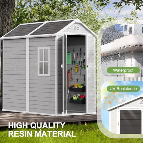 8x6x7 FT Resin Storage Shed, Waterproof Outdoor Tool Shed with Floor, Dove Grey C693740