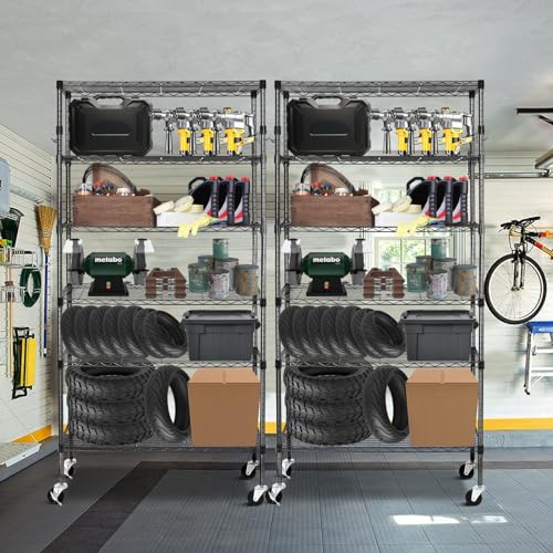 6 Tier Storage Shelves with Wheels, Heavy Duty Adjustable Metal Shelving Rack, Black T460