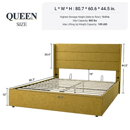 Allewie Full Size Lift Up Storage Bed with Wingback Headboard, Light Beige C85153