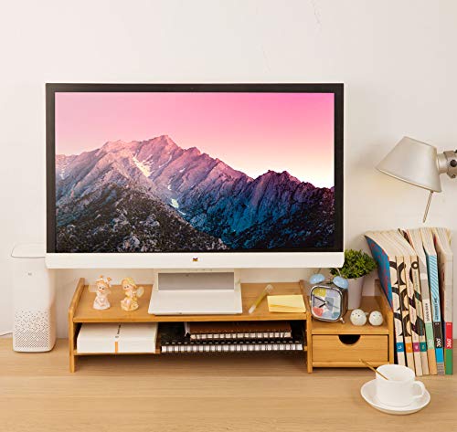 Monitor Stand Riser Desk Organizer-Bamboo 2 Tier Laptop Stand With Drawers, Adjustable Desktop Storage Organizer For Computer, Printer, Cellphone-Use In Office,Home /Reduce Neck &Eye Strain(Fawn)