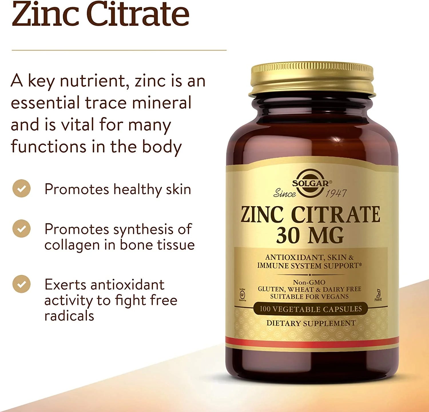 Solgar Zinc Citrate 30 mg, 100 Vegetable Capsules M283