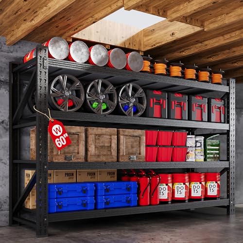 71" W Heavy Duty Steel Garage Shelving, 4-Tier Adjustable Storage Rack, Black C40455