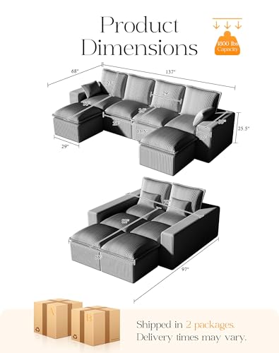 Comfy Cloud Couch with L-Shape Chaise, Modular Sectional Sofa in a Box, Soft Corduroy, Black U67688
