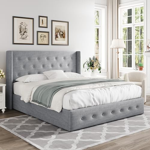 Allewie Full Size Lift Up Storage Bed with Wingback Headboard, Light Beige C85153