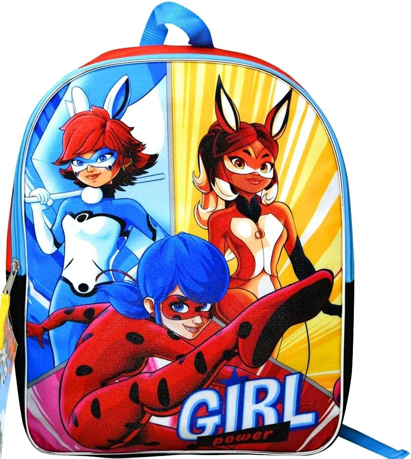 Miraculous Ladybug Backpack – Girls Bag with 1 Big Compartment with Cartoon Print of Rena Rouge and Dragon Rider – 2 Layer Yellow Blue
