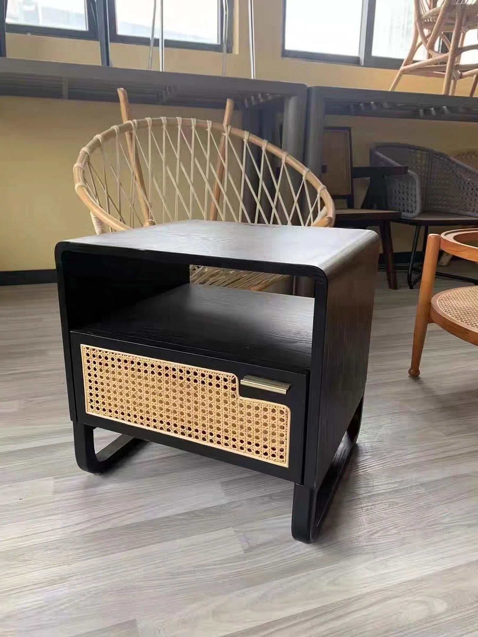 Minimalist Rattan Nightstand with Drawer, Black K345