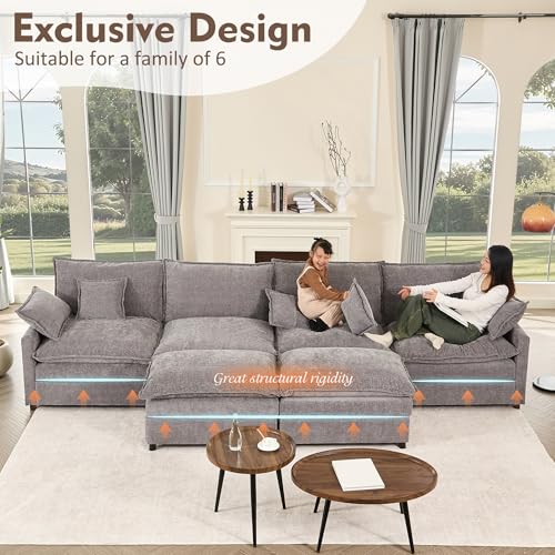 U Shaped Modular Sectional Sofa with Ottoman, Chenille, Black P2121