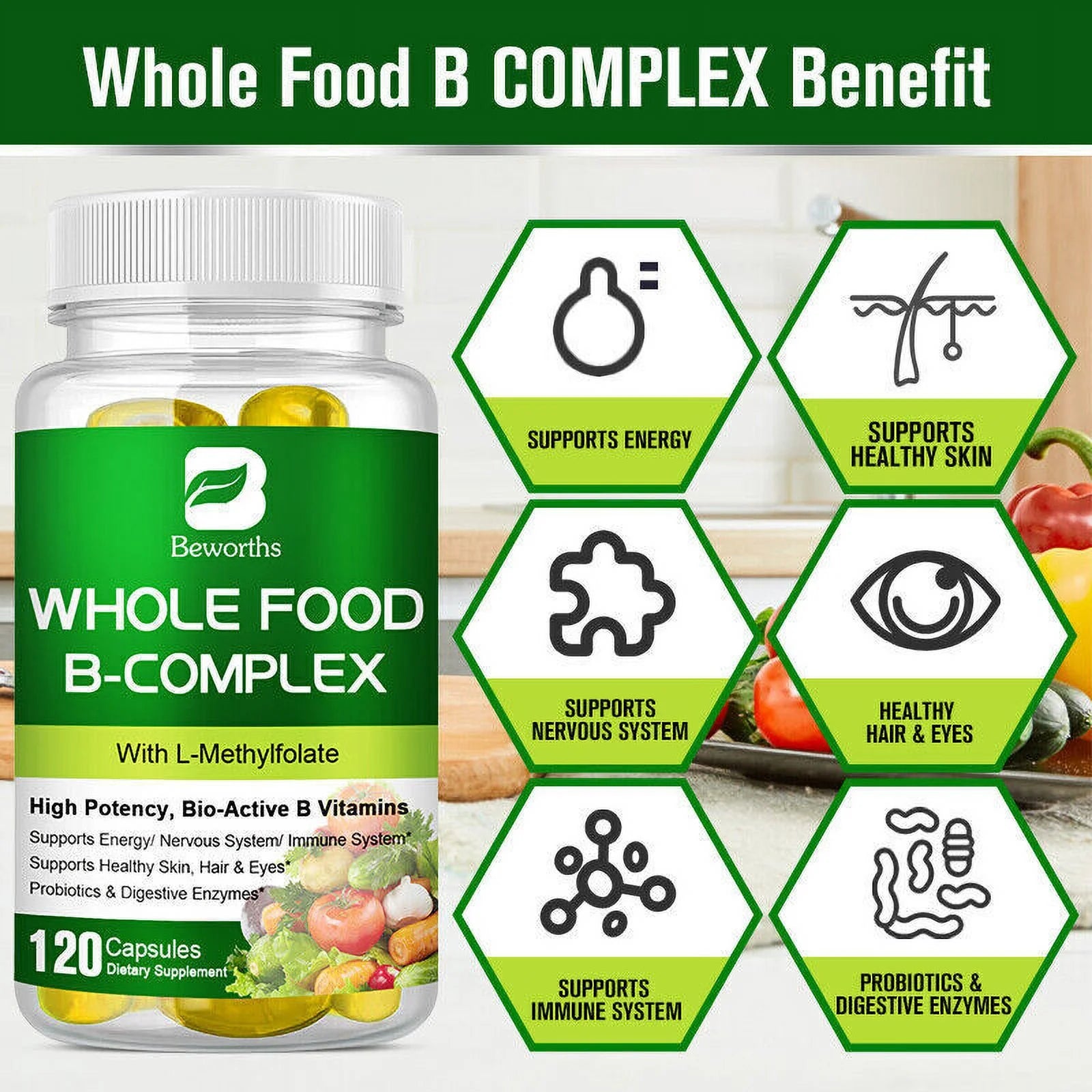 Whole Food B Complex Immune Support Pills 120 Capsules A770