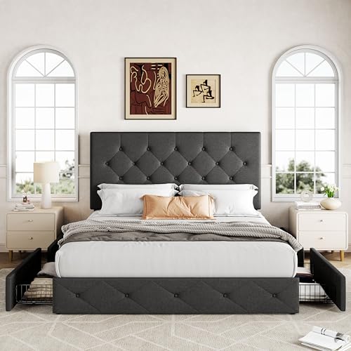 Allewie Upholstered Queen Platform Bed Frame with 4 Drawers and Headboard, Light Grey A922
