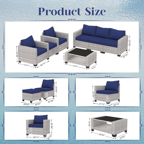 KIGOTY Patio Furniture Set 7 Pieces Outdoor Sectional Sofa with Cushions and Glass Coffee Table B60021