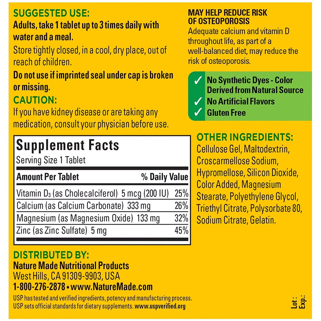 Nature Made Calcium Magnesium Zinc Tablets, 300 Count (Pack of 2) W8215