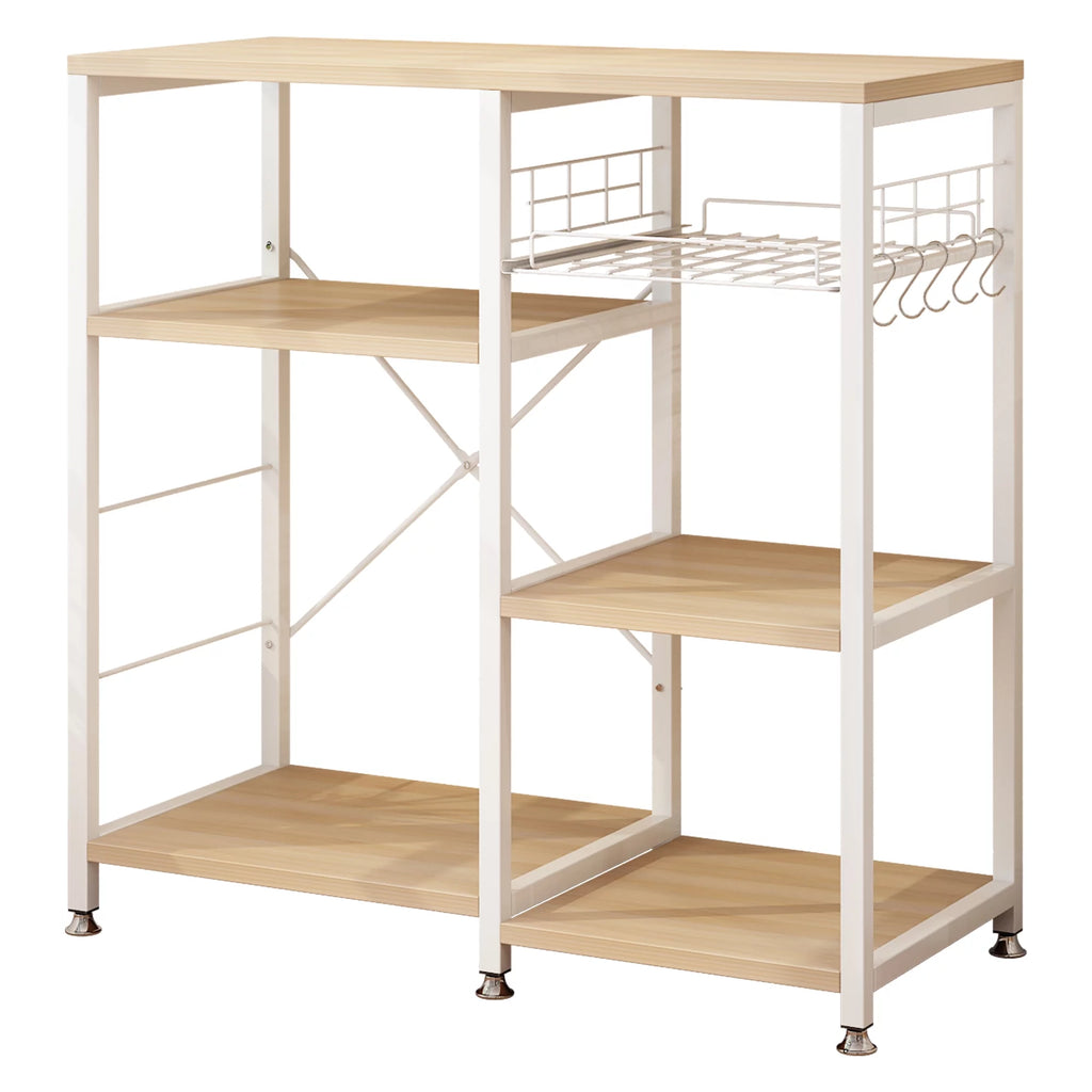 UBesGoo Bakers Rack with Basket, Wood Storage Shelf, White Oak Finish P842676
