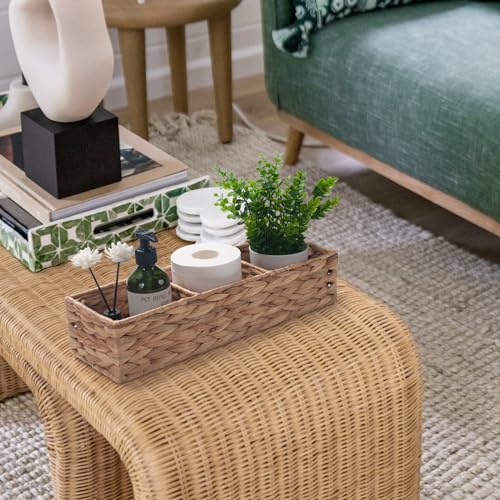 Water Hyacinth Toilet Tank Basket with 3 Dividers for Bathroom Storage Q556