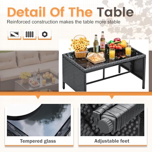 Devoko 3-Piece Rattan Outdoor Sectional Sofa with Cushion and Glass Table C42137