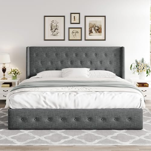 Allewie Full Size Lift Up Storage Bed with Wingback Headboard, Light Beige C85153