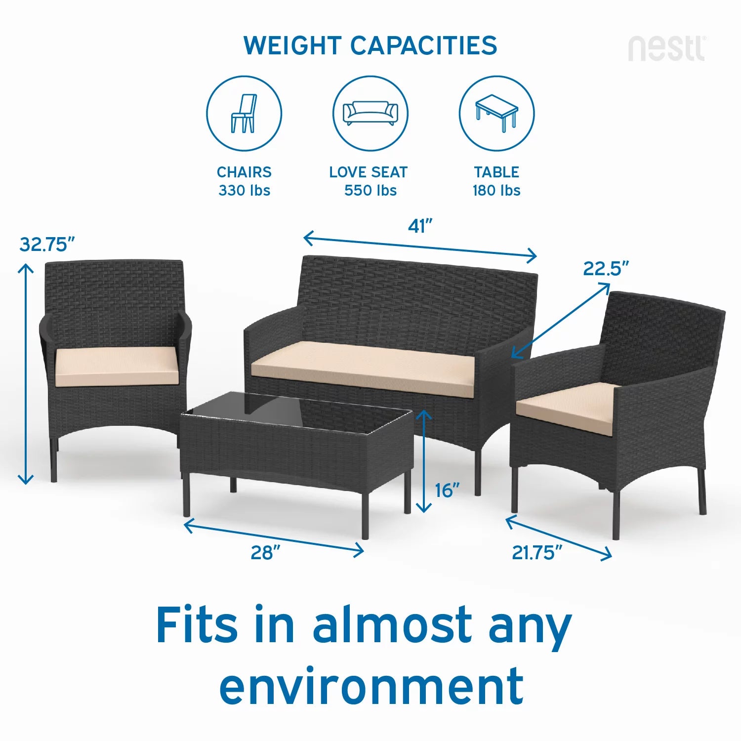 Nestl 4-Piece Outdoor Patio Furniture Set, Wicker, Black/Beige P798857