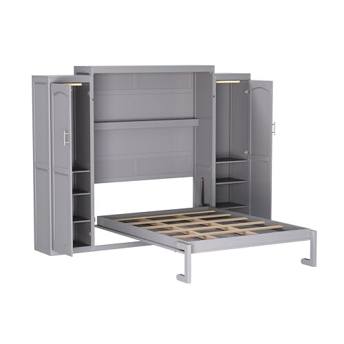 Polib Full Size Murphy Bed with Two Wardrobes and Storage Shelf, White S302797