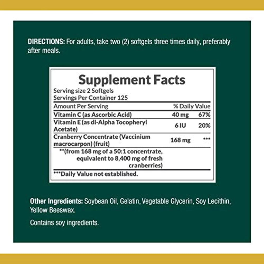 Natures Bounty Cranberry Pills with Vitamin C, 4200mg, 250 Softgels Q5767