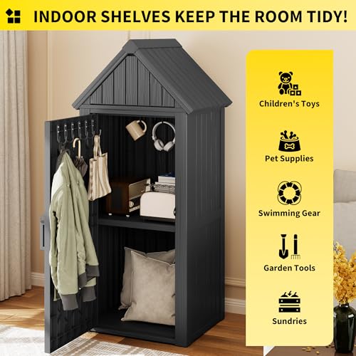 Outdoor Resin Storage Shed with Removable Shelves and Lock Ring, Black S55288