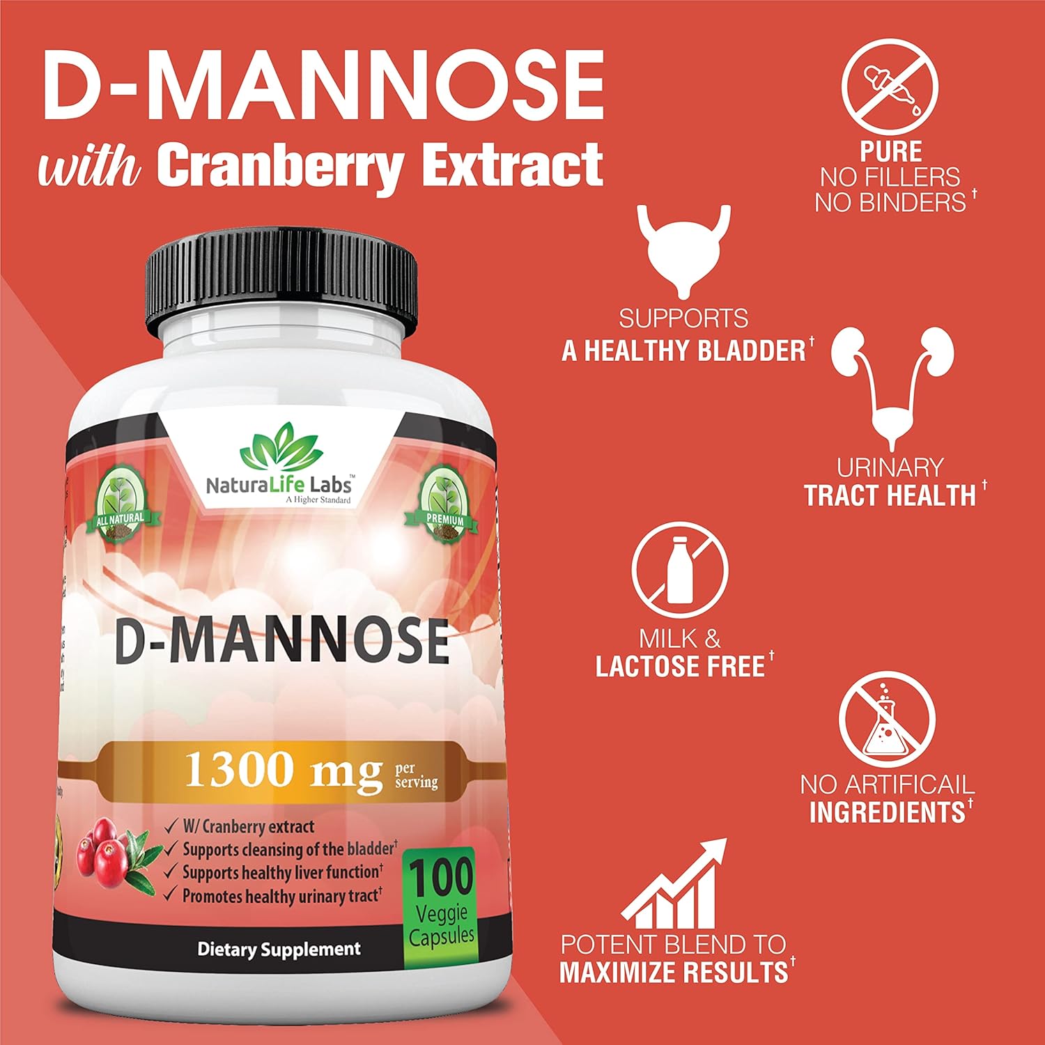 D-Mannose 1,300 mg with Cranberry Extract, 100 Veggie Capsules O30029