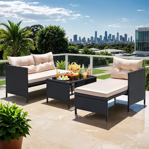 Devoko 3-Piece Rattan Outdoor Sectional Sofa with Cushion and Glass Table C42137