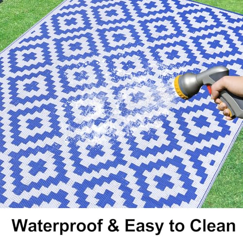 Smiry Waterproof Outdoor Rug 5x8 ft, Reversible Plastic Straw Patio Mat, Black & Beige P20186