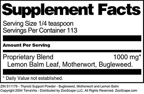 TerraVita Thyroid Support Powder - Bugleweed, Motherwort and Lemon Balm, 4 oz H644