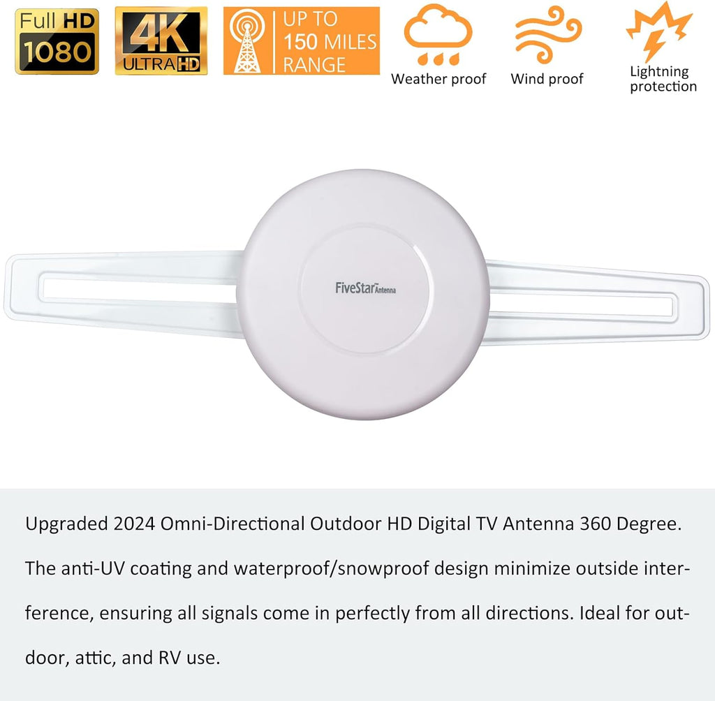 Five Star Omni-Directional Outdoor HD Digital TV Antenna 360 Degree, Supports ATSC 3.0 and 4K D82406