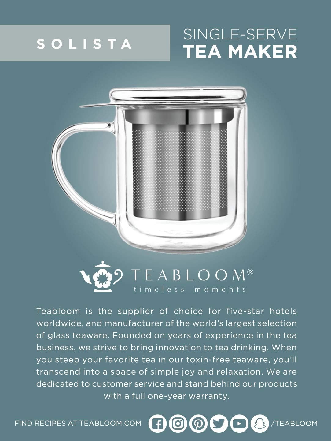 Teabloom Personal Tea Maker - Insulated Glass Cup with Loose Tea Infuser and Lid T4410