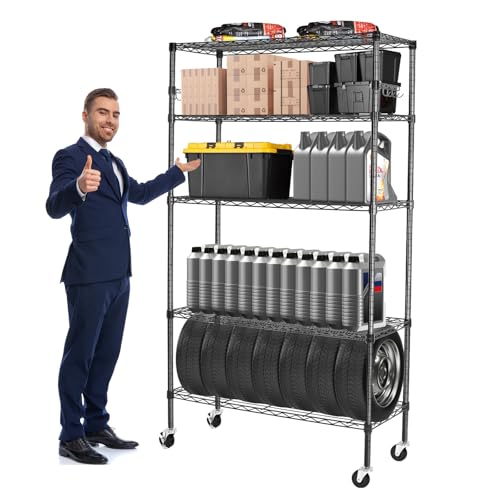 6 Tier Storage Shelves with Wheels, Heavy Duty Adjustable Metal Shelving Rack, Black T460