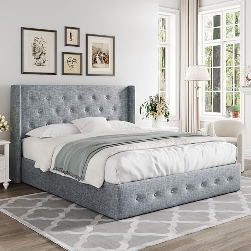 Allewie Full Size Lift Up Storage Bed with Wingback Headboard, Light Beige C85153