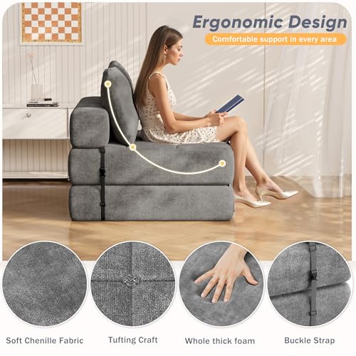 Homall Folding Sofa Bed with Headrest & Lumbar Pillow, Chenille Fabric, White M9437
