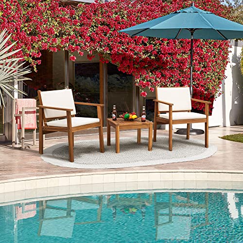 Flamaker 3 Piece Acacia Wood Patio Furniture Set with Coffee Table & Cushions B730