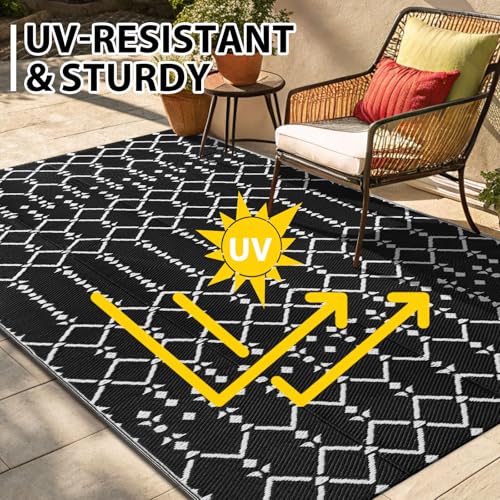 Smiry Waterproof Outdoor Rug 5x8 ft, Reversible Plastic Straw Patio Mat, Black & Beige P20186