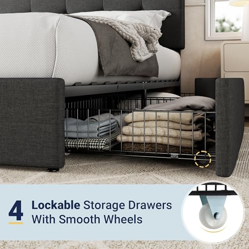 Allewie Upholstered Queen Platform Bed Frame with 4 Drawers and Headboard, Light Grey A922