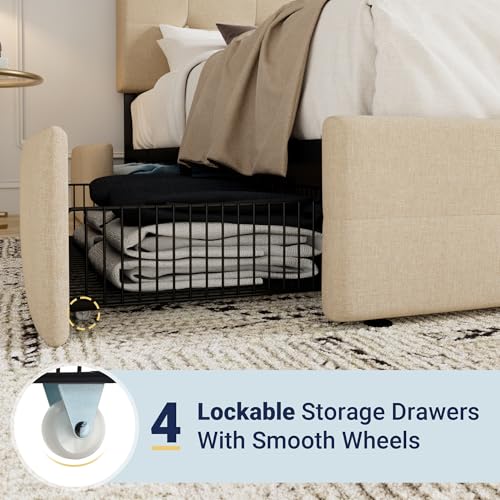 Allewie Upholstered Queen Platform Bed Frame with 4 Drawers and Headboard, Light Grey A922