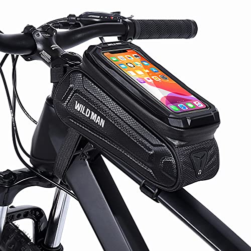 WILD MAN 1L Waterproof Bicycle Front Frame Bike Bag Top Tube Mount Bike Phone Holder with Touch Screen for Mountain Road Bike Cycling(SX3,Black)