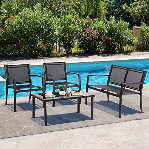 Vongrasig 4 Piece Patio Conversation Set with Glass Coffee Table, Black E428