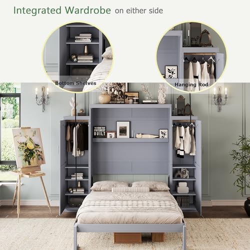 Polib Full Size Murphy Bed with Two Wardrobes and Storage Shelf, White S302797