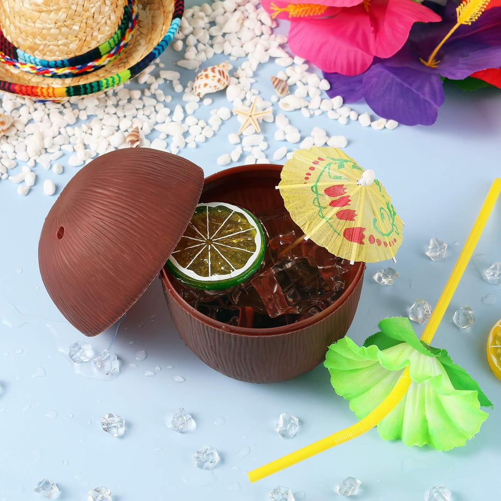 15 Pieces Coconut Cups with Hibiscus Straws for Hawaiian Luau Party A8720