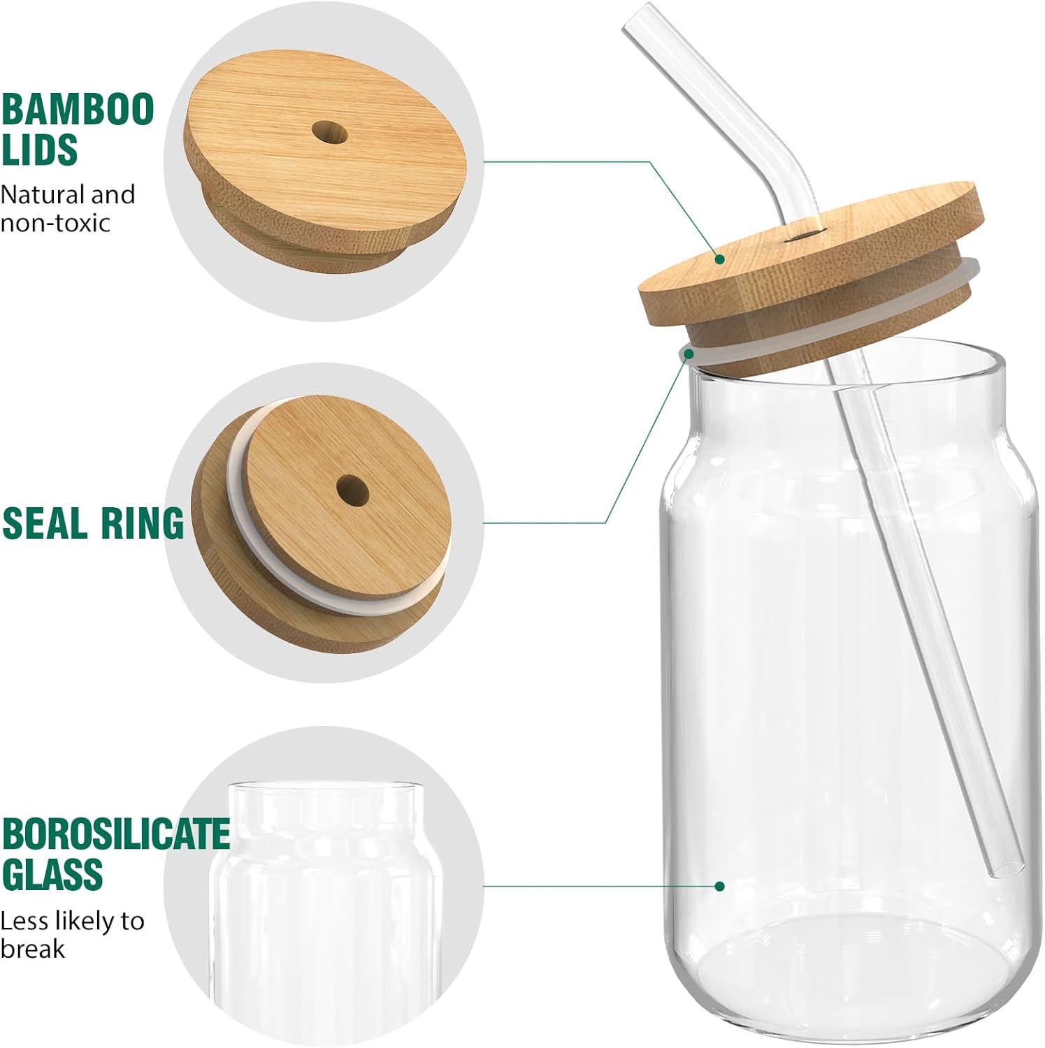 Bamboo Lid Drinking Glasses with Glass Straws, 16 oz, 9-Piece Set T925879