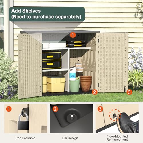 60 Cu.Ft Vertical Outdoor Storage Shed, All-Weather Resin Cabinet, Lockable, Khaki A6694