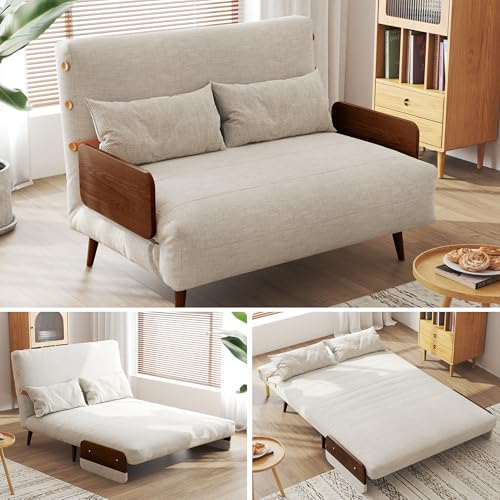Convertible Chair Bed Sleeper for Adults with Wooden Arms, Linen G638