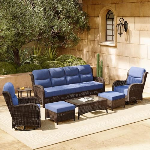 Luxury Patio Furniture Set 7PCS Wicker Conversation Set with Blue Cushions J5390