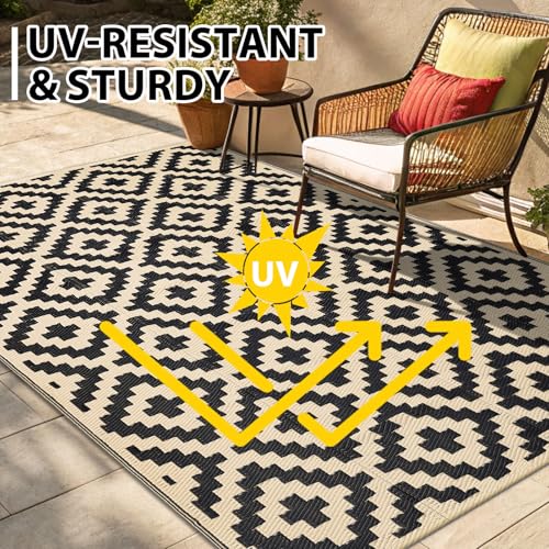 Smiry Waterproof Outdoor Rug 5x8 ft, Reversible Plastic Straw Patio Mat, Black & Beige P20186
